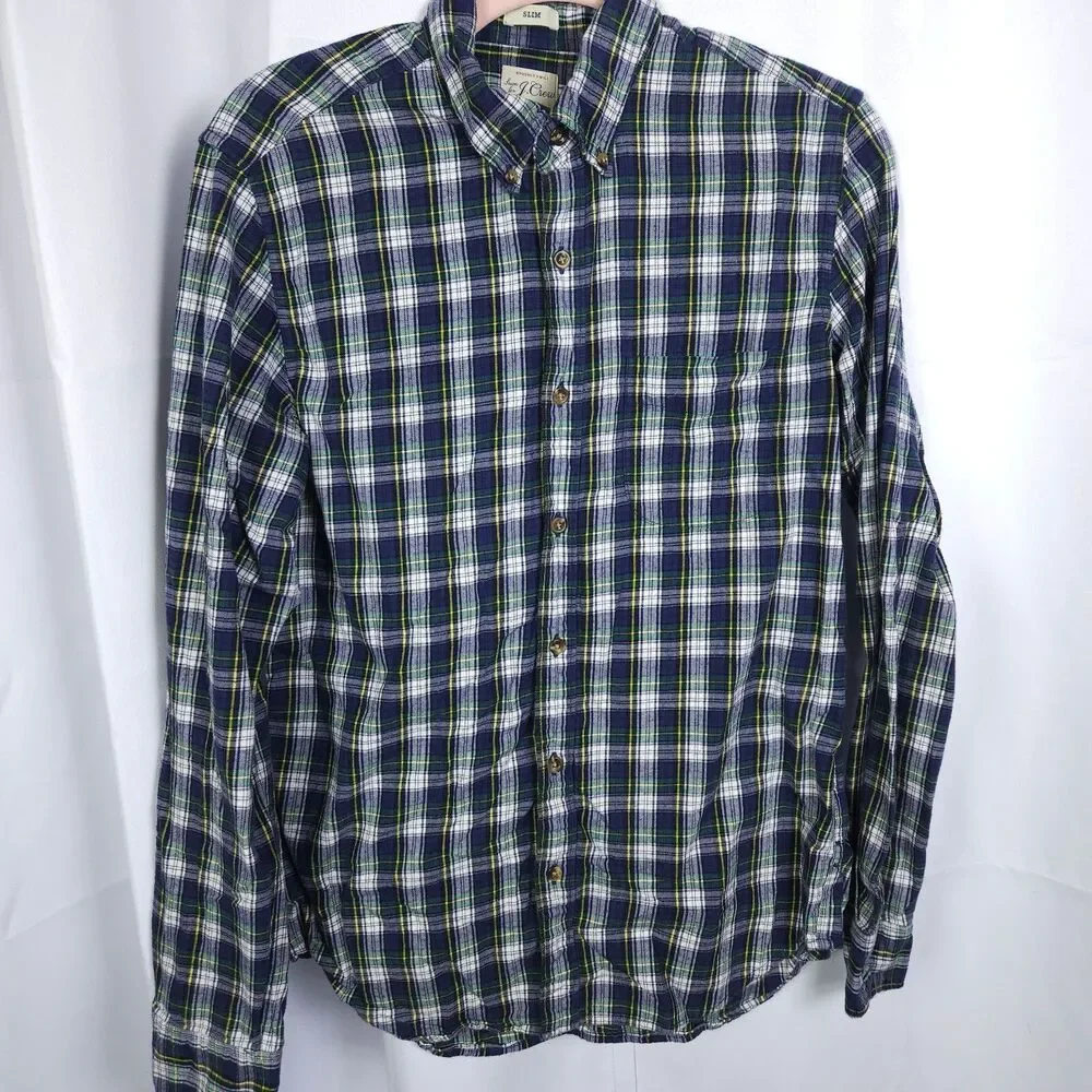 J Crew Blue Green Plaid Brushed Twill Shirt Mens Medium Slim Fit‎